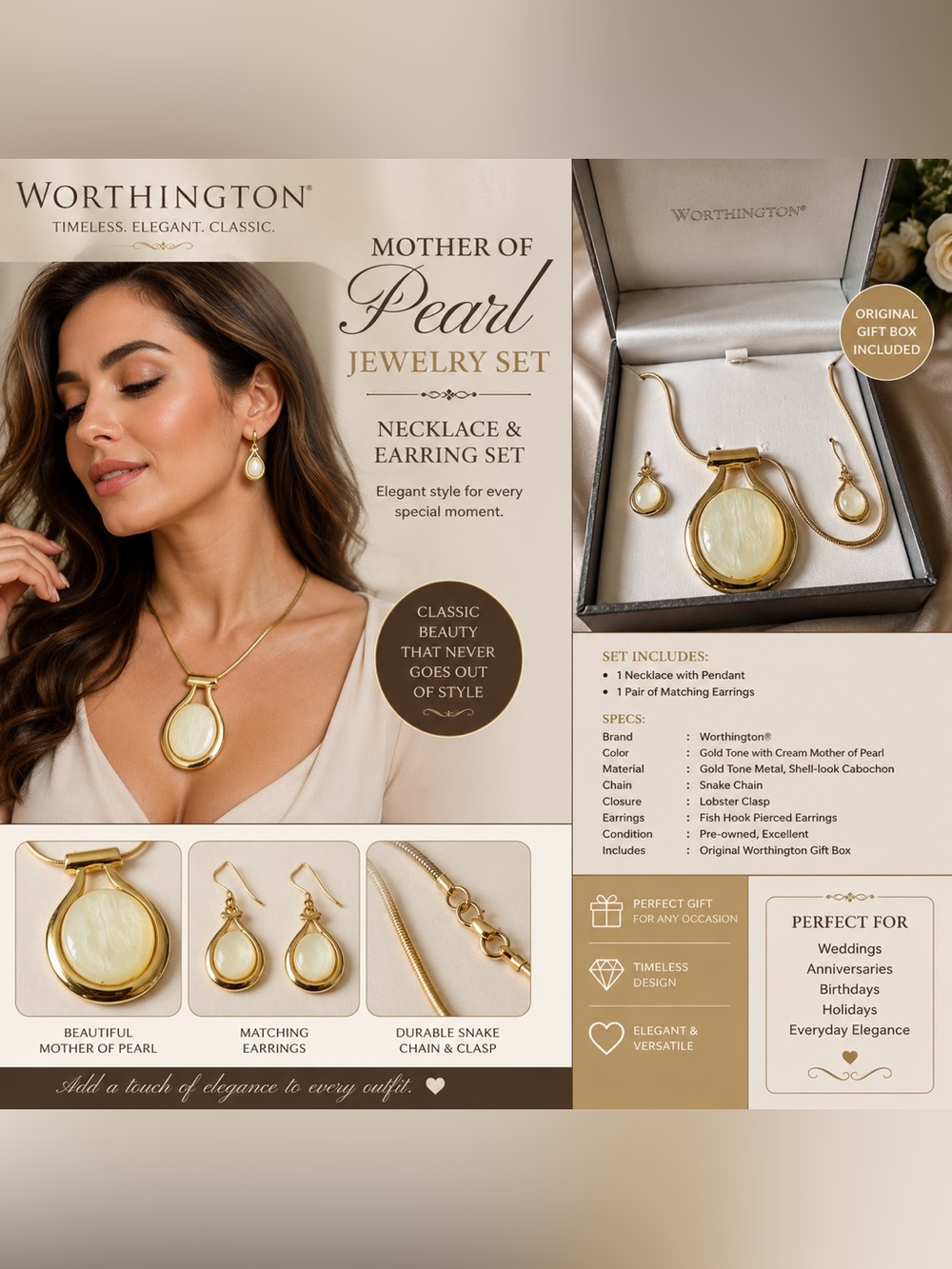 Worthington Gold Tone Mother of Pearl Necklace and Earring Set - Cream